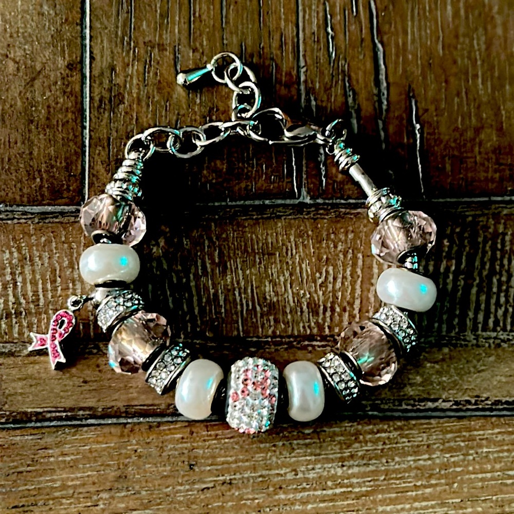 Silver Breast Cancer Bracelet with Pink and White Beads and Ribbon Charm